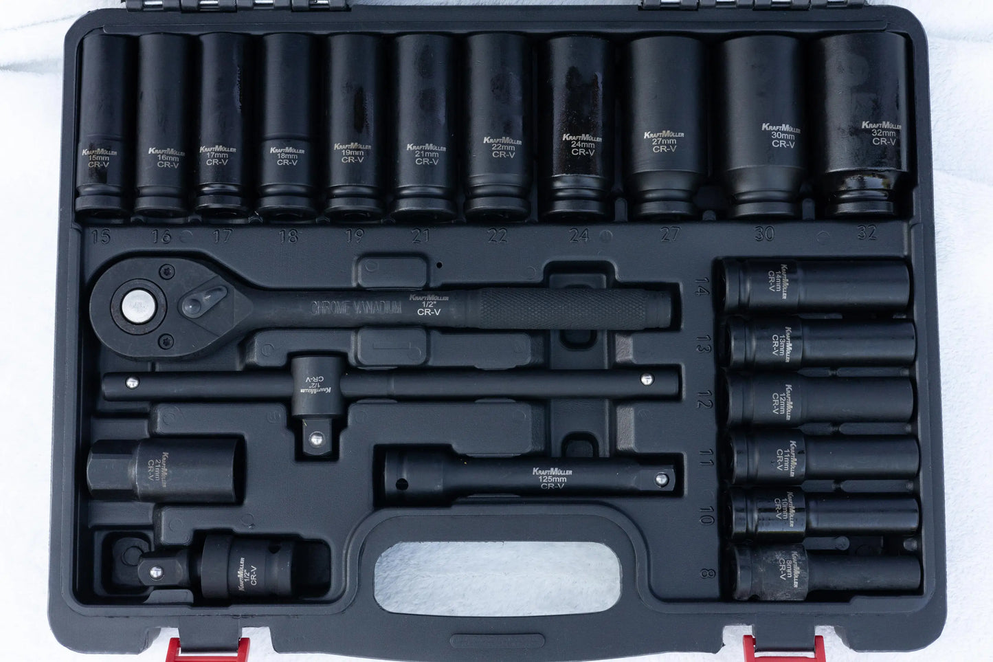 Professionele 23 Delige 1/2" Krachtdoppenset met Ratel en Verlengstukken CRV Onderkant Revotools