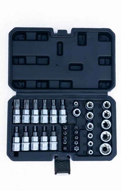 34-Delig Binnen Buiten Torx - S2  - Zeskant - E4-E20 Moer - T10-T60 Torx Set Revotools