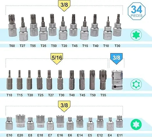 34-Delig Binnen Buiten Torx - S2  - Zeskant - E4-E20 Moer - T10-T60 Torx Set Revotools