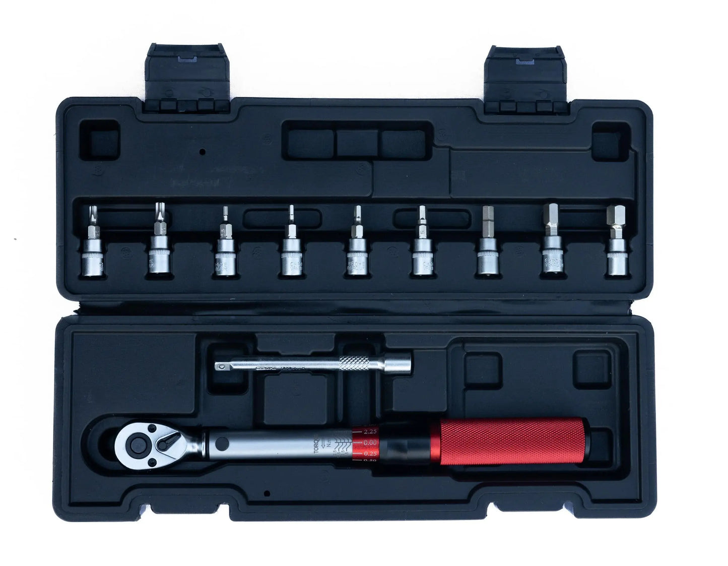 1/4" Momentsleutel Set 2-25 Nm – 11-delig met Inbus- en Torxbit Doppen (1) open Revotools